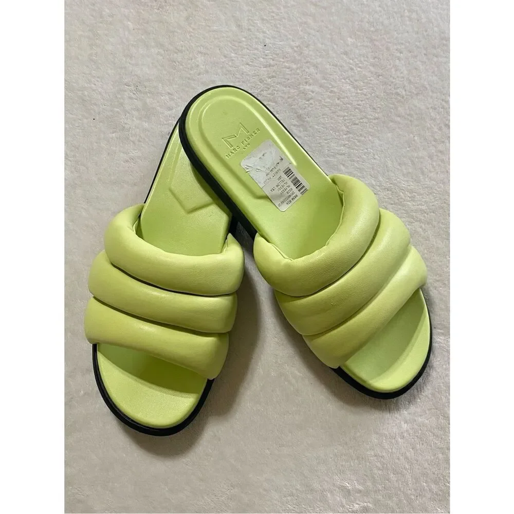 MARC FISHER Sandals NEW Yessy Slides Soft Genuine Leather Citron Green Size 10